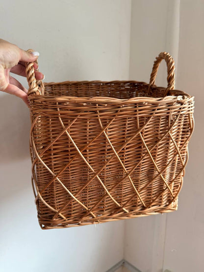 Handmade Wicker Square Basket with Handles | Rattan Storage Bin | Rustic Home Organizer