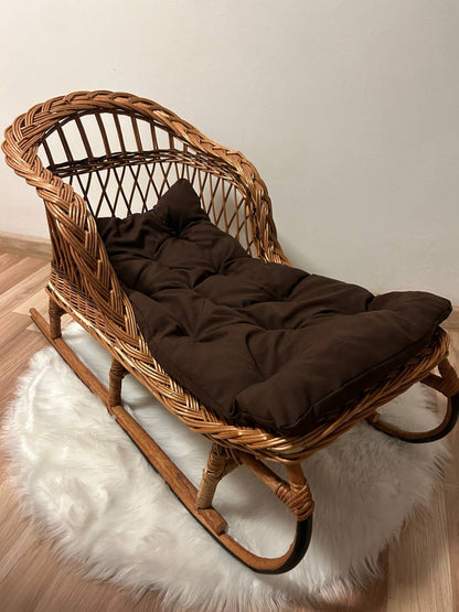 Handmade Wicker Sled with Cushion | Rattan Winter Sledge | Kids Pull Toy Vehicle