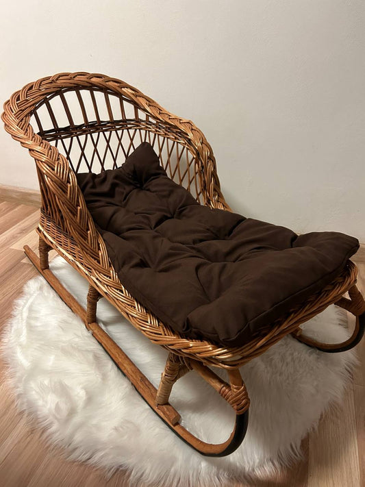 Handmade Wicker Sled with Cushion | Rattan Winter Sledge | Kids Pull Toy Vehicle