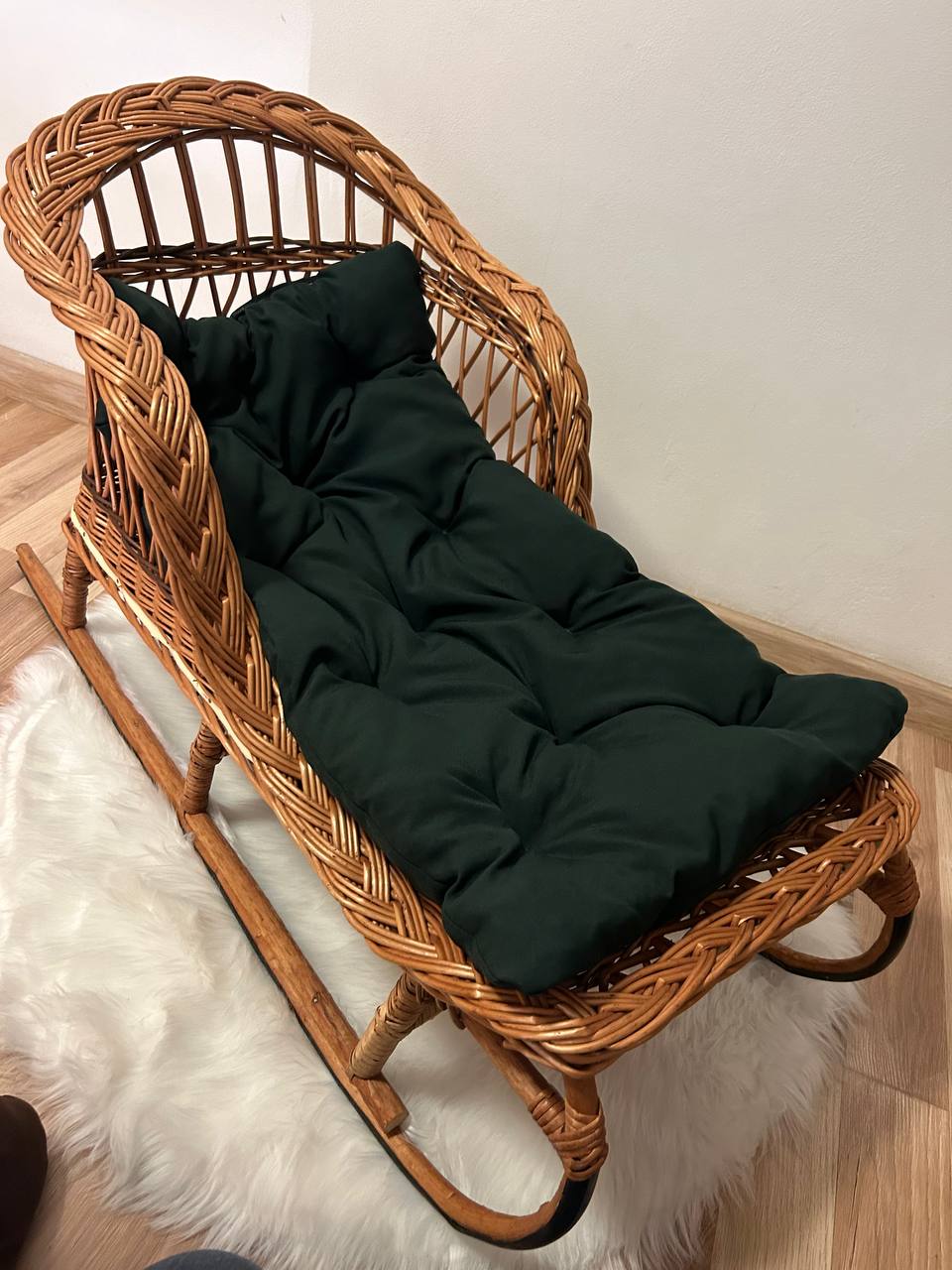Handmade Wicker Sled with Cushion | Rattan Winter Sledge | Kids Pull Toy Vehicle