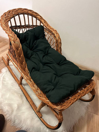Handmade Wicker Sled with Cushion | Rattan Winter Sledge | Kids Pull Toy Vehicle