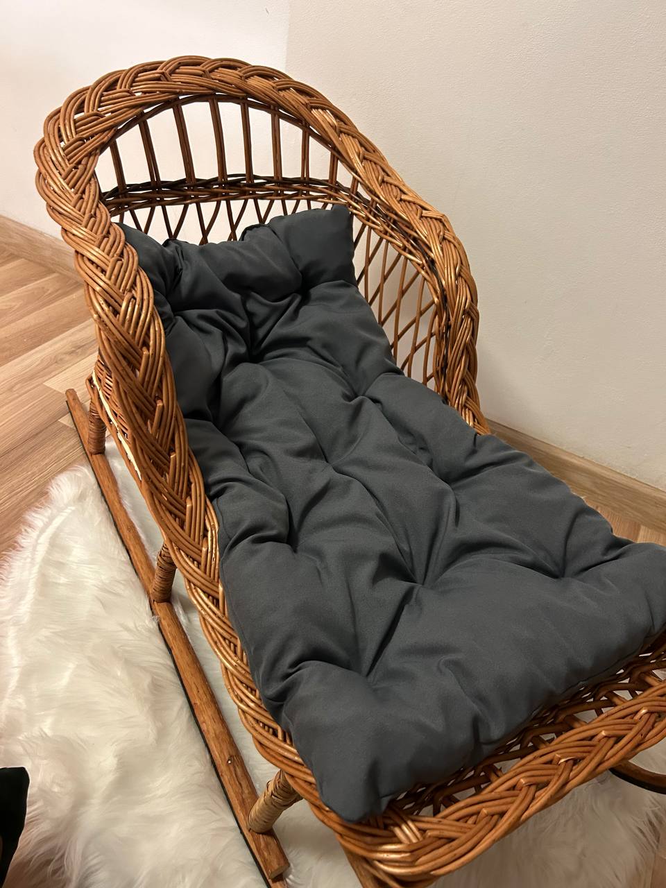 Handmade Wicker Sled with Cushion | Rattan Winter Sledge | Kids Pull Toy Vehicle