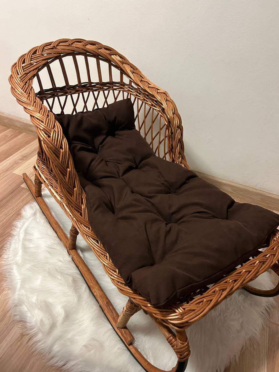 Handmade Wicker Sled with Cushion | Rattan Winter Sledge | Kids Pull Toy Vehicle