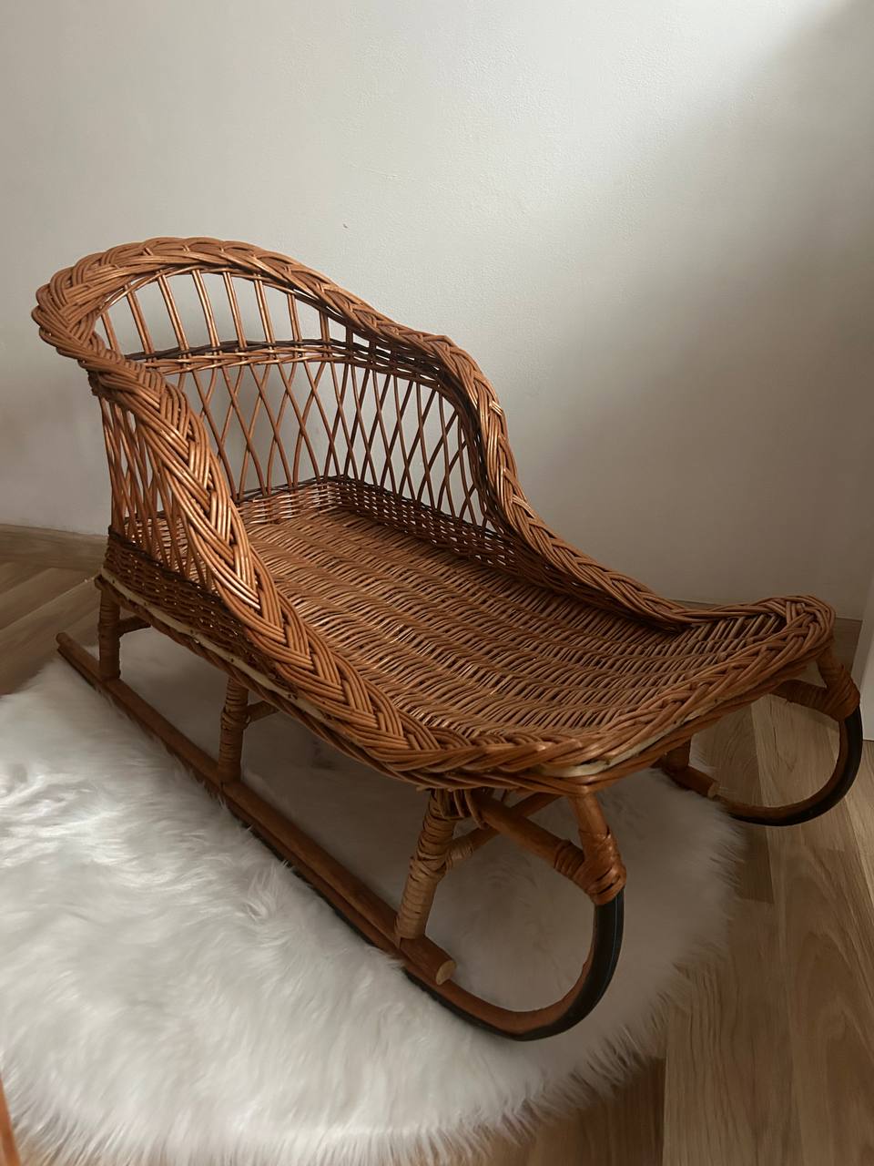 Handmade Wicker Sled with Cushion | Rattan Winter Sledge | Kids Pull Toy Vehicle