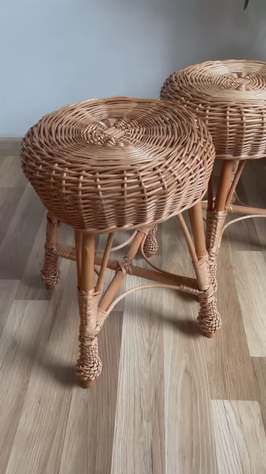 Handmade Wicker Stool | Rattan Plant Stand | Boho Side Table | Rustic Farmhouse Home & Garden Decor