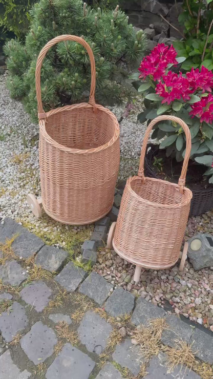 Handmade Wicker Basket on Wheels | Rolling Storage Cart | Rustic Rattan Laundry & Toy Organizer
